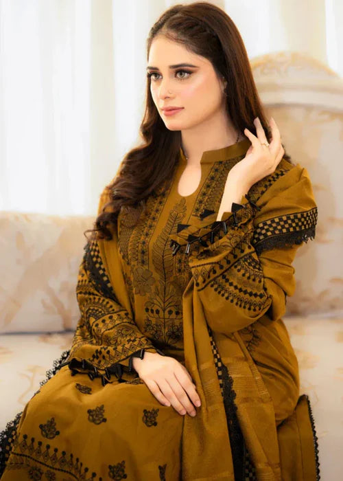 Earthy Yellow Heavy Embroidered Winter Kurta Set with Dupatta