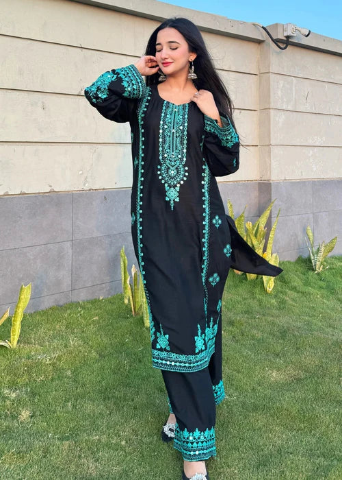 Black Embroidered Cotton Kurta Set with Dupatta