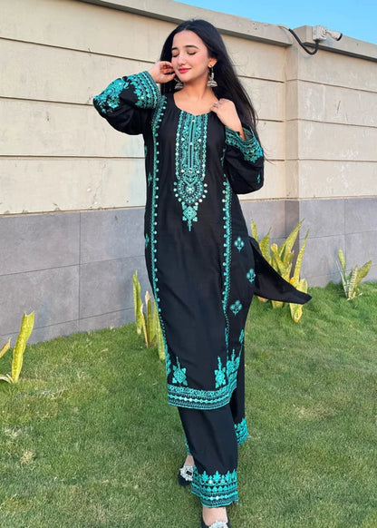 Black Embroidered Cotton Kurta Set with Dupatta