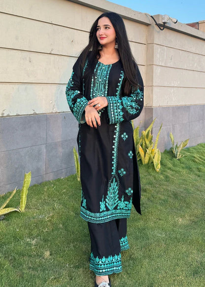 Black Embroidered Cotton Kurta Set with Dupatta