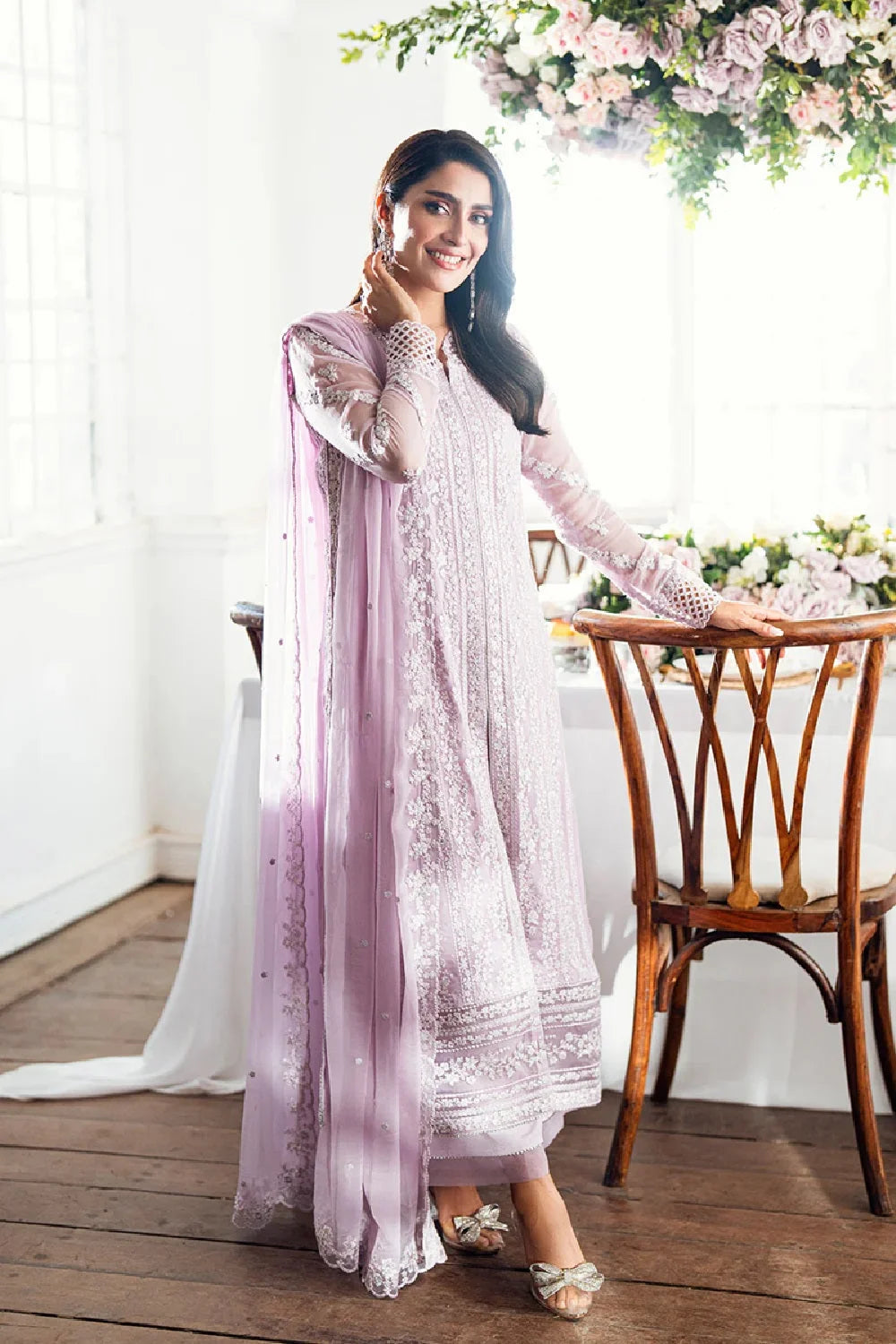 Lilac Pure Chiffon Embroidered Suit