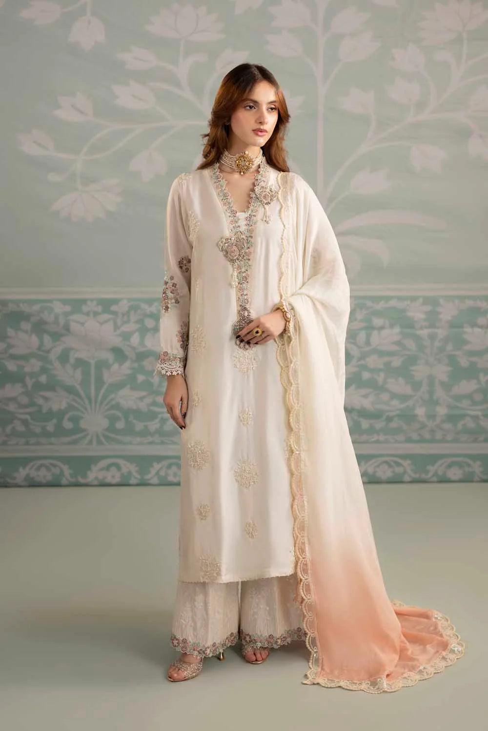 White Hand Embellished Raw Silk Suit