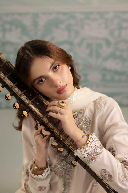 White Hand Embellished Raw Silk Suit