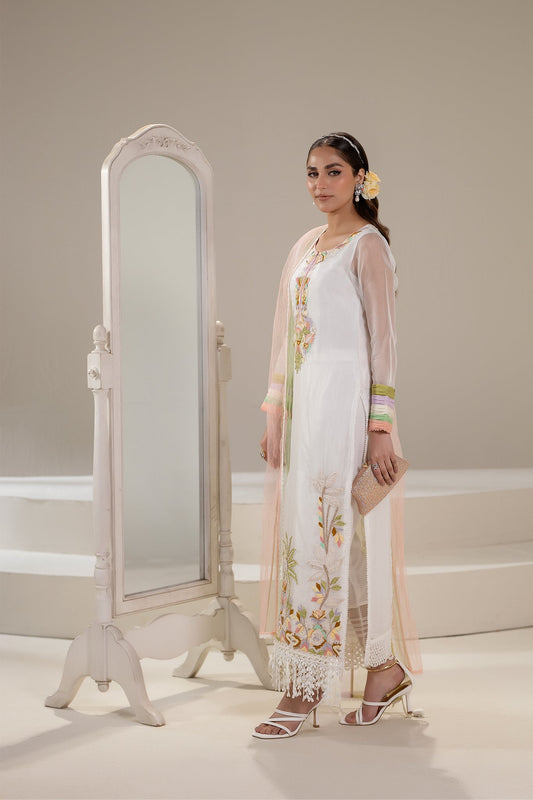White Pure Organza Hand Embroidered Suit