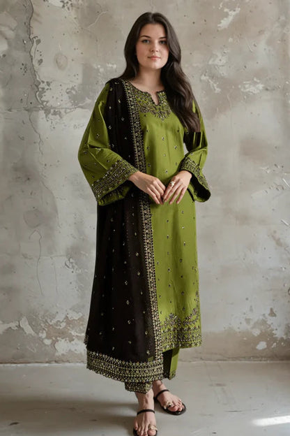 Linen Embroidered Long Kurta Set with Dupatta