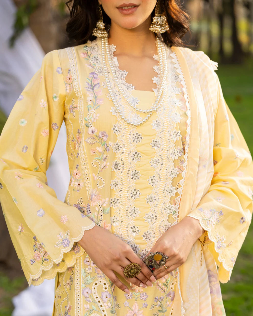 Bright Yellow Pure Cotton Embroidered Suit with Cutwork Details