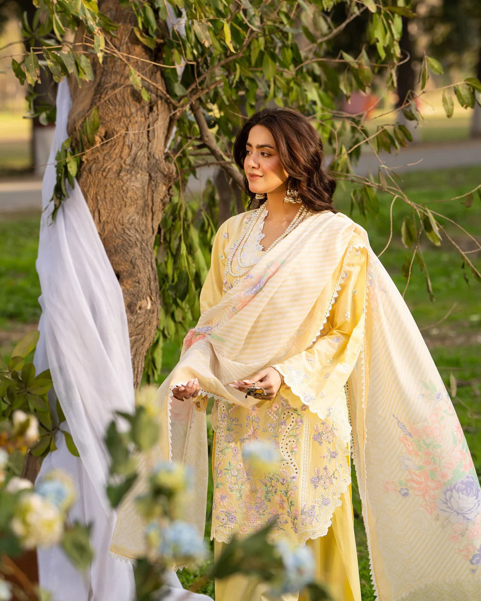 Bright Yellow Pure Cotton Embroidered Suit with Cutwork Details