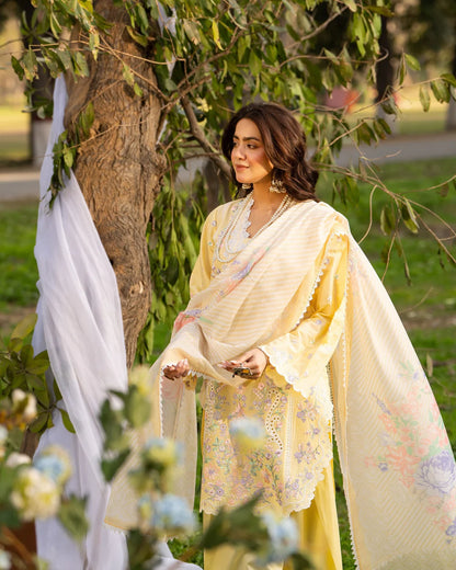 Bright Yellow Pure Cotton Embroidered Suit with Cutwork Details