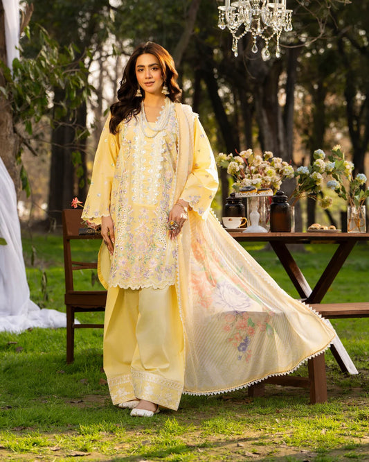 Bright Yellow Pure Cotton Embroidered Suit with Cutwork Details