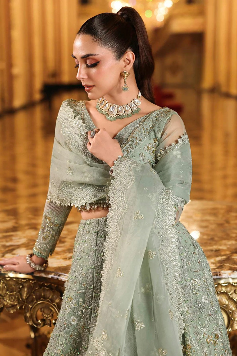 Pakistani Designer Sage Green Organza Lehenga Choli Online in KSA Riyadh Saudi Arabia Oman Bahrain Qatar
