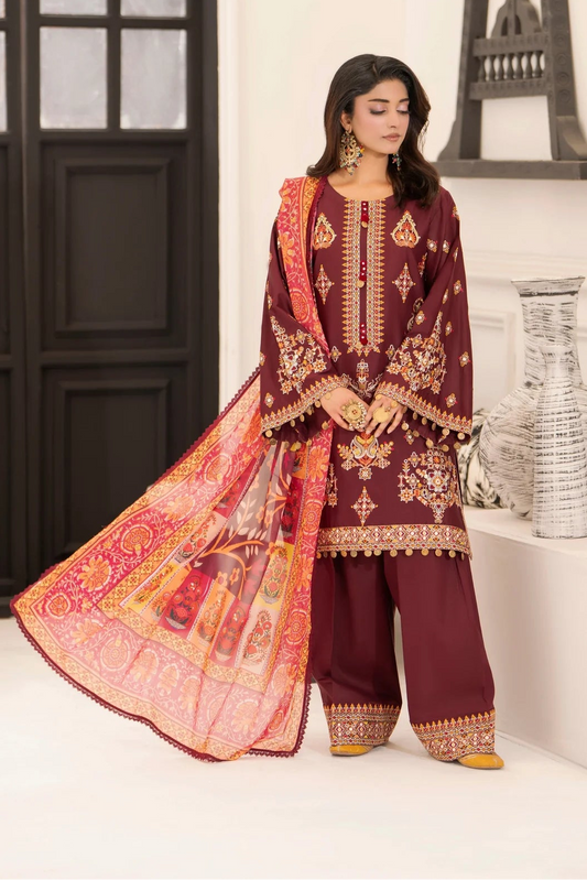 Burgundy Pure Cotton Farshi Shalwar Suit with Multi-Thread Work