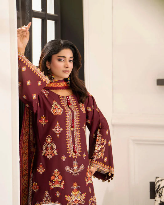 Burgundy Pure Cotton Farshi Shalwar Suit with Multi-Thread Work