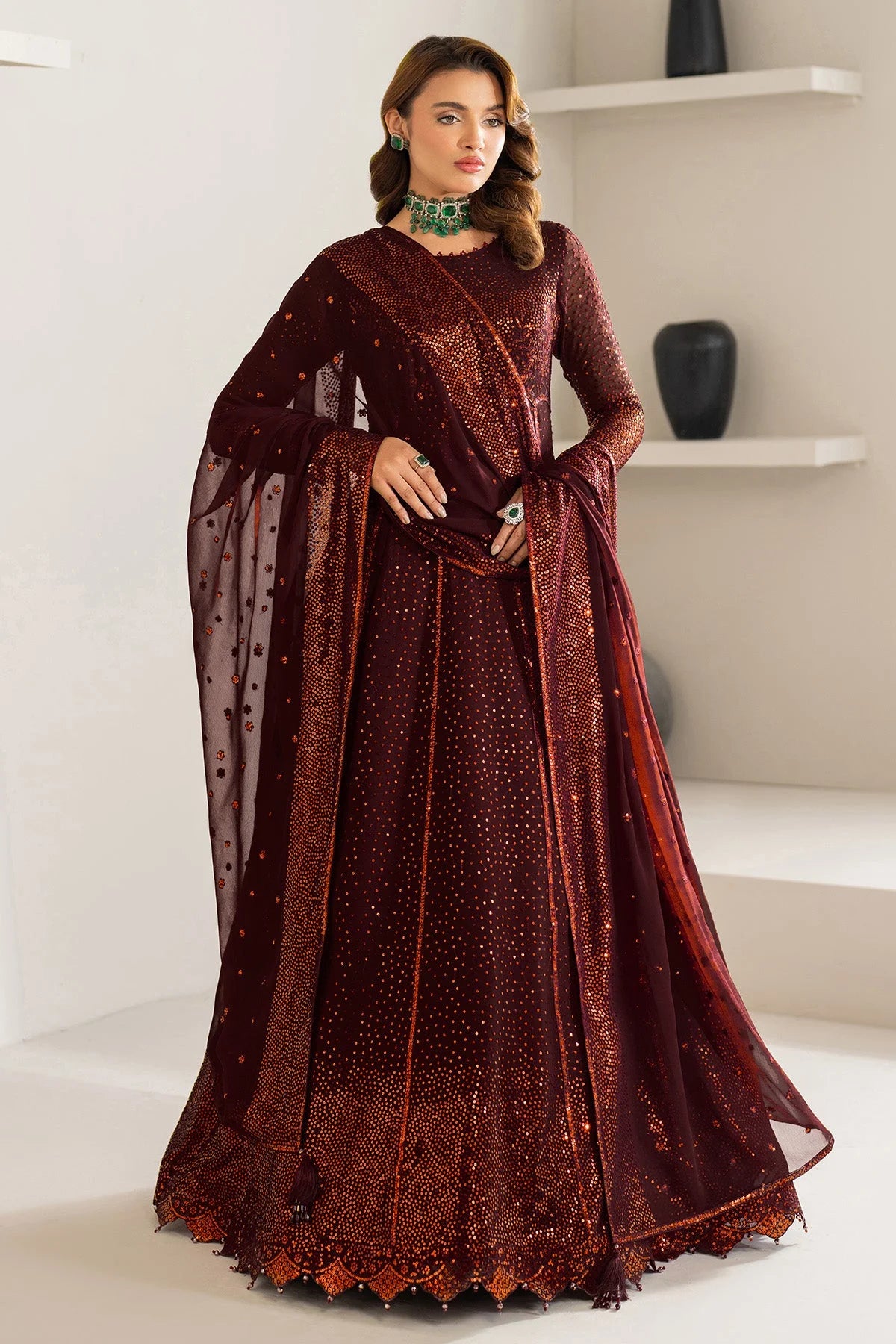 Maroon Sequins Embroidered Chiffon Anarkali Maxi