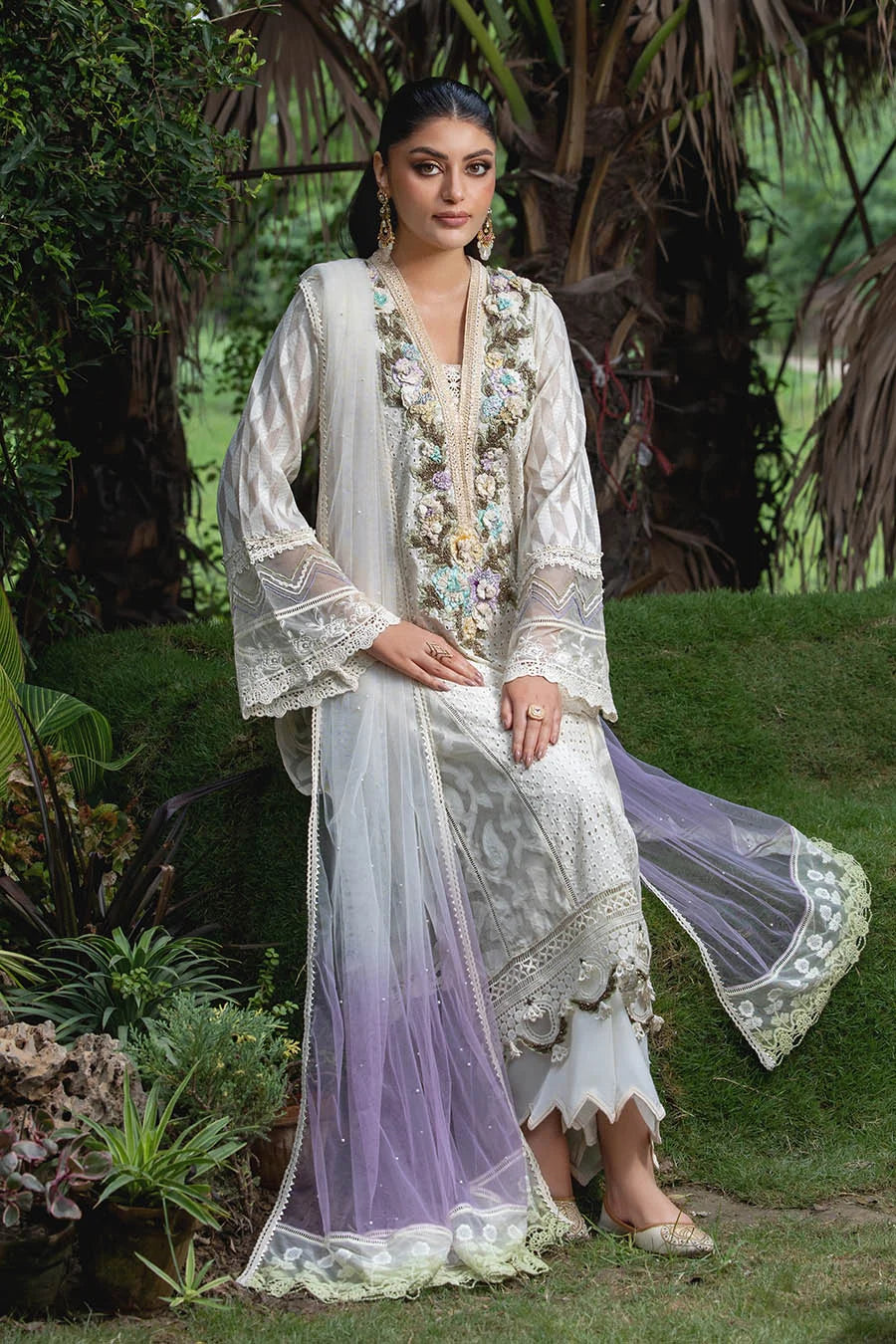 Hand Embroidered Cotton Chikankari Suit with 3D Work