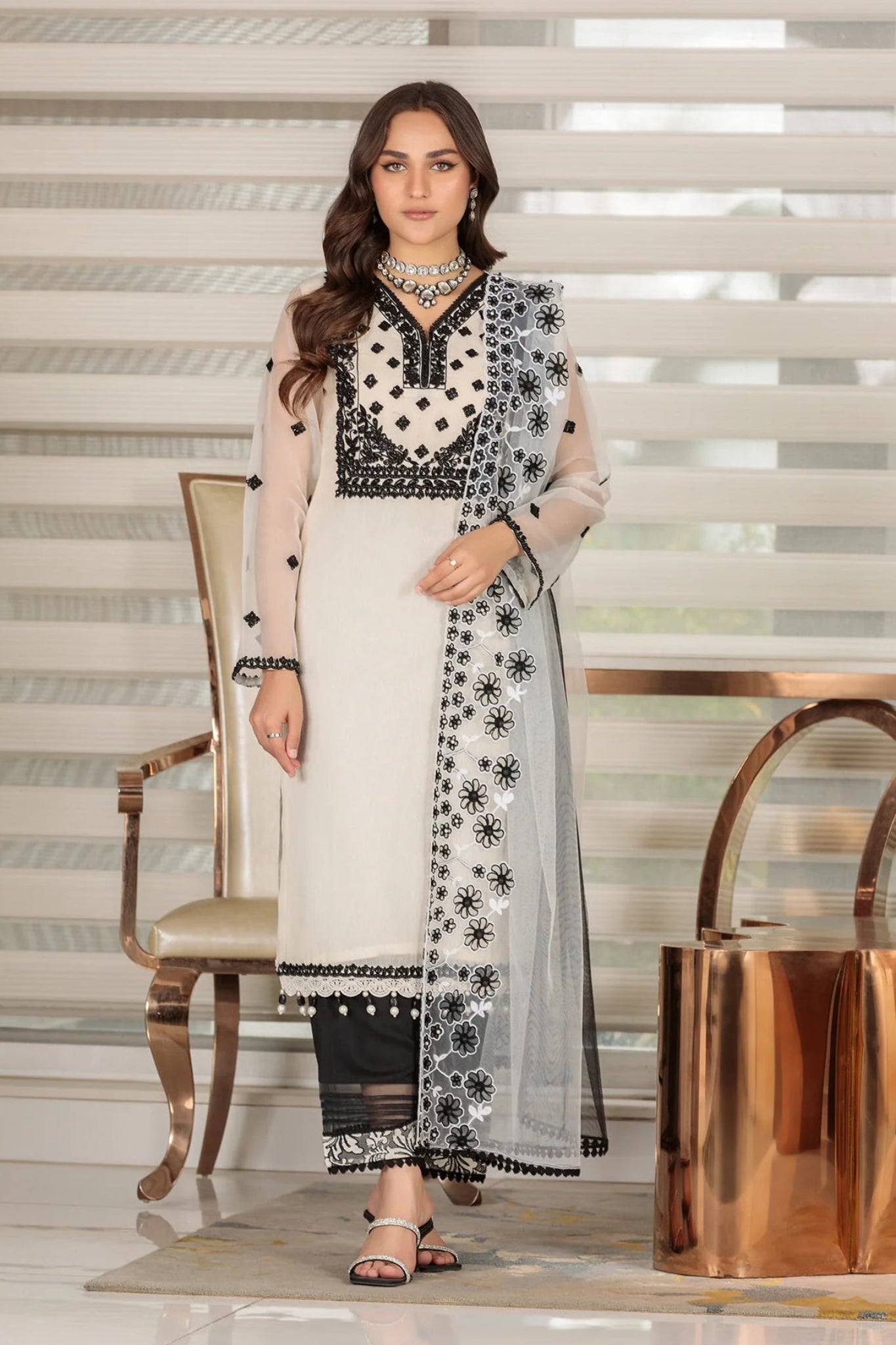 Hand Embroidered Pure Cotton Karandi Suit with Embellishments