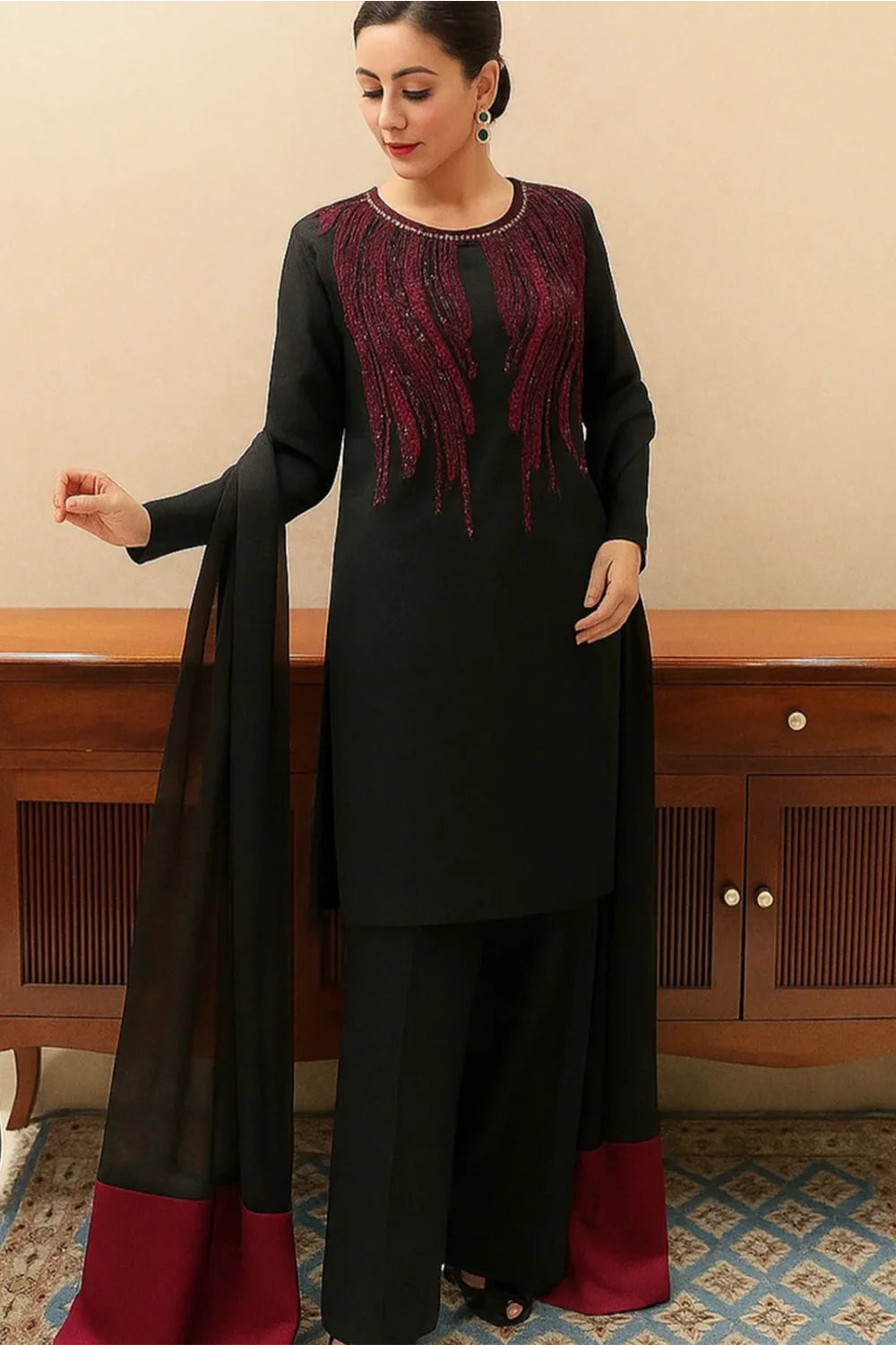 Black & Red Silk Partywear Suit with Handmade Neckline