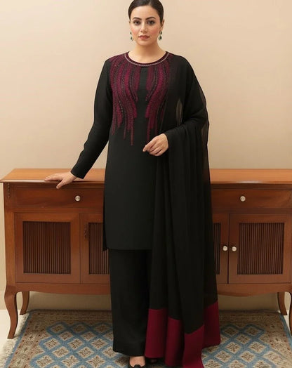 Black & Red Silk Partywear Suit with Handmade Neckline