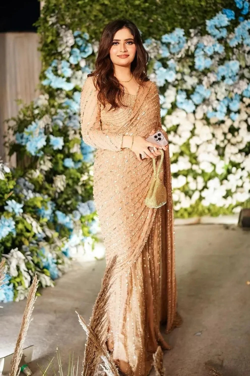 Light Gold Wedding Saree with Handmade Blouse