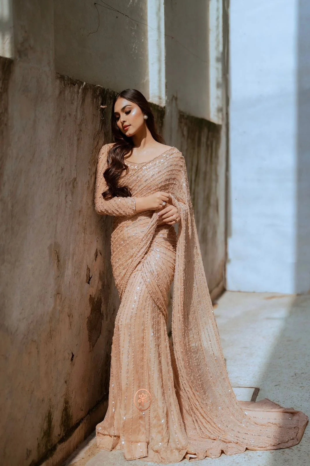 Light Gold Wedding Saree with Handmade Blouse