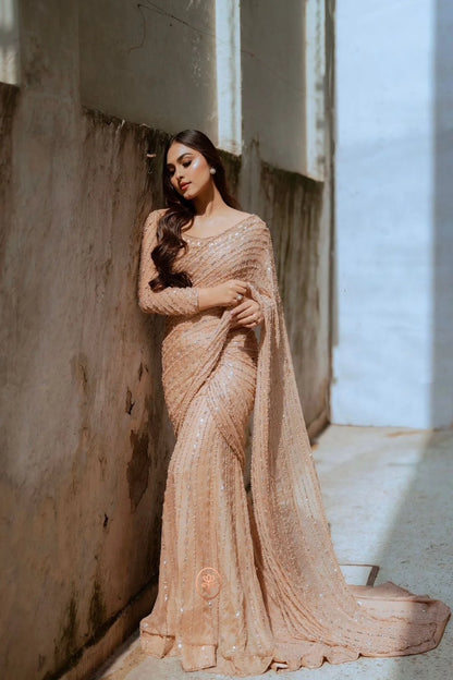 Light Gold Wedding Saree with Handmade Blouse