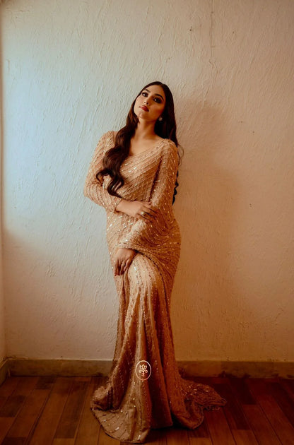 Light Gold Wedding Saree with Handmade Blouse