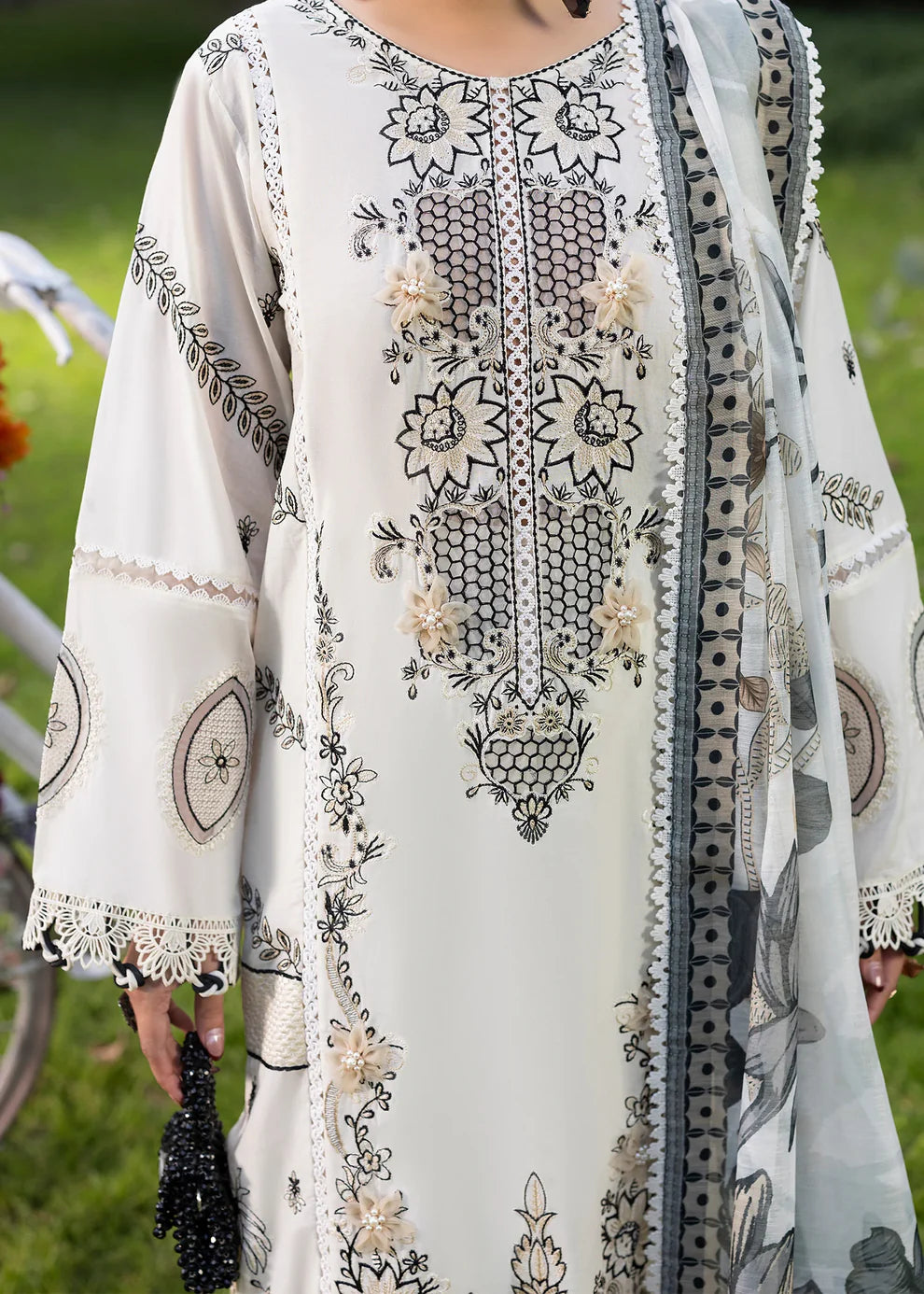 Off White Lawn Suit with Patchwork Embroidery