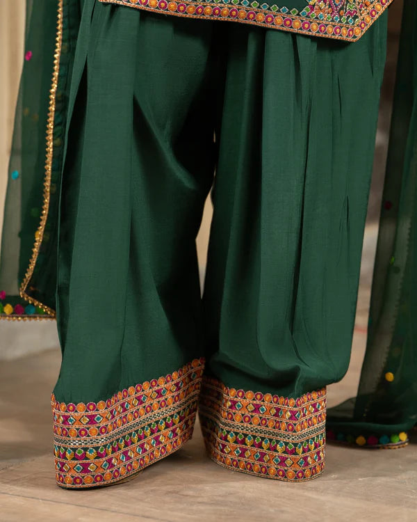 Emerald Green Georgette Chiffon Farshi Shalwar Suit with Dori Work
