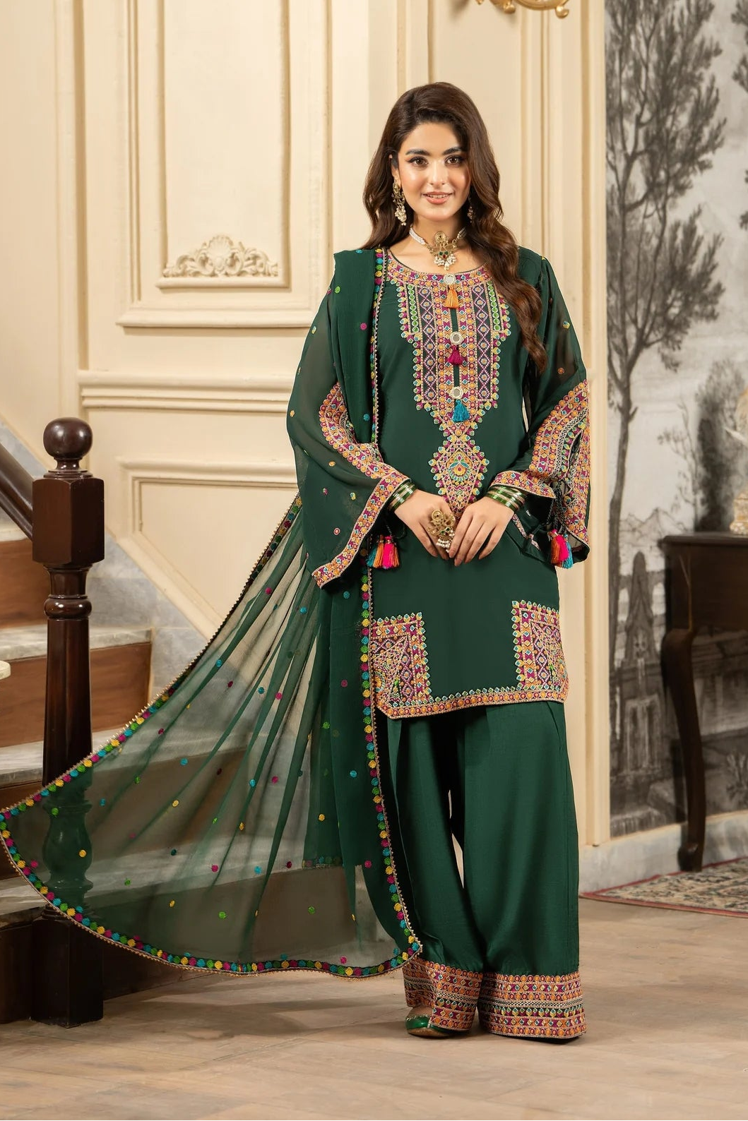 Emerald Green Georgette Chiffon Farshi Shalwar Suit with Dori Work