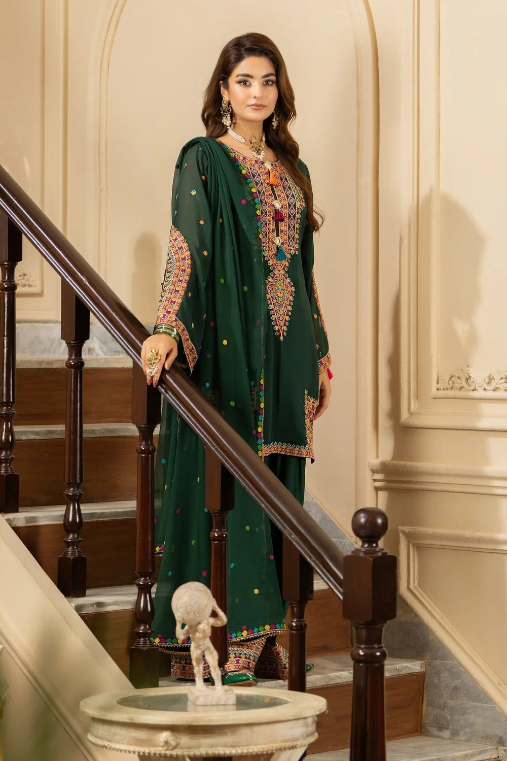 Emerald Green Georgette Chiffon Farshi Shalwar Suit with Dori Work