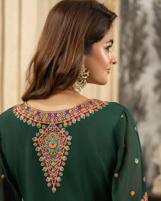 Emerald Green Georgette Chiffon Farshi Shalwar Suit with Dori Work