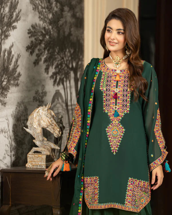 Emerald Green Georgette Chiffon Farshi Shalwar Suit with Dori Work