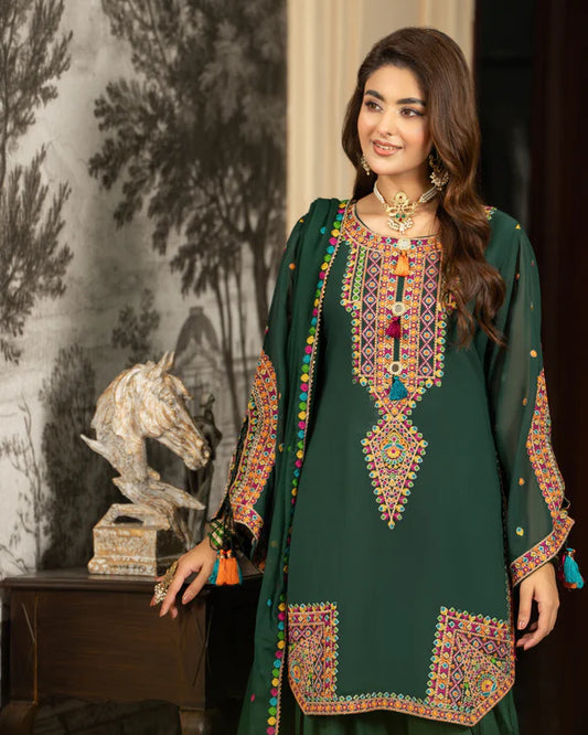 Emerald Green Georgette Chiffon Farshi Shalwar Suit with Dori Work