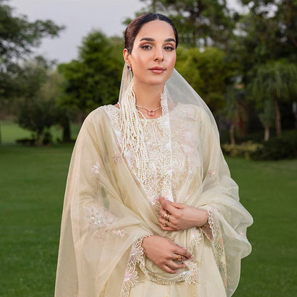 Cream Pure Cotton Schiffli Embroidered Farshi Shalwar Suit