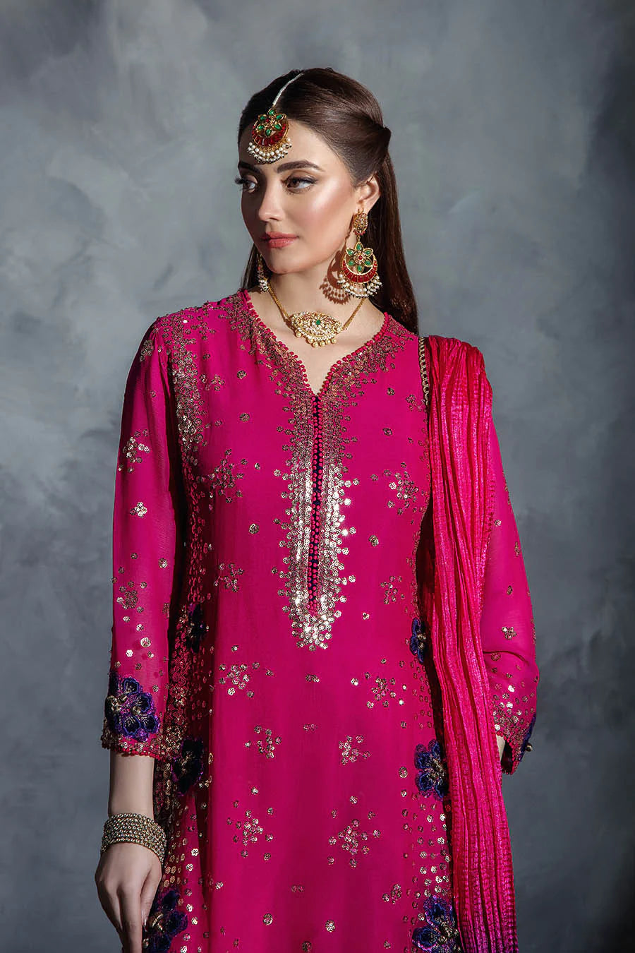 Hand Embroidered Magenta Crinkle Chiffon Designer Suit