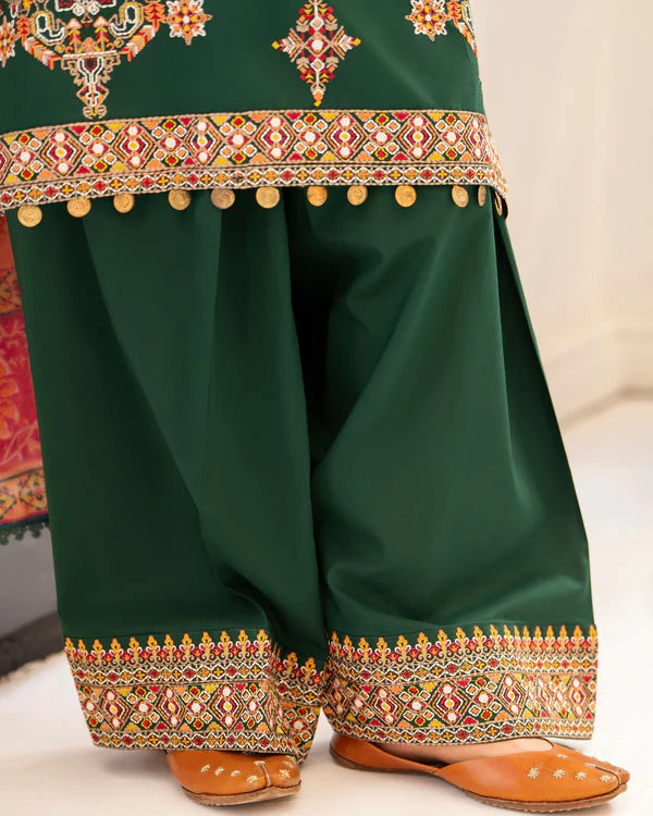Evergreen Pure Cotton Farshi Shalwar Suit with Multi-Thread Work