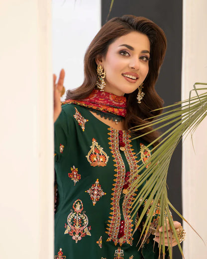 Evergreen Pure Cotton Farshi Shalwar Suit with Multi-Thread Work