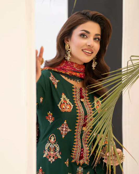 Evergreen Pure Cotton Farshi Shalwar Suit with Multi-Thread Work