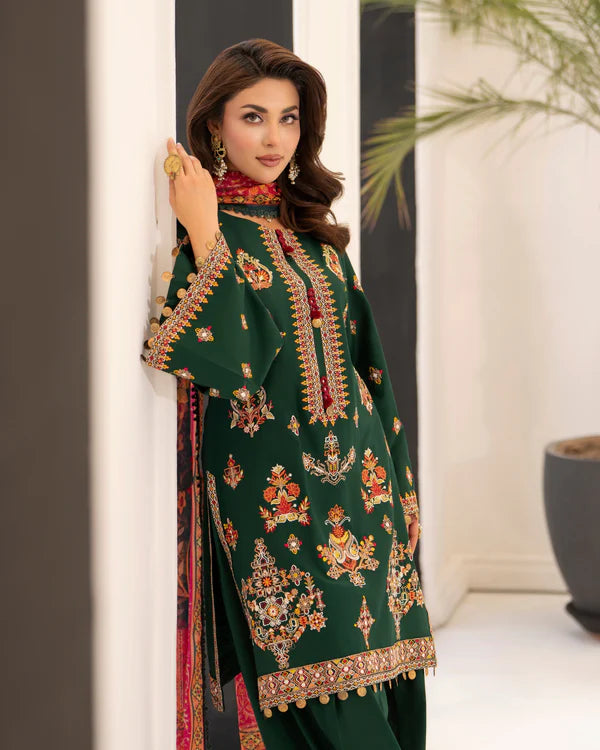 Evergreen Pure Cotton Farshi Shalwar Suit with Multi-Thread Work