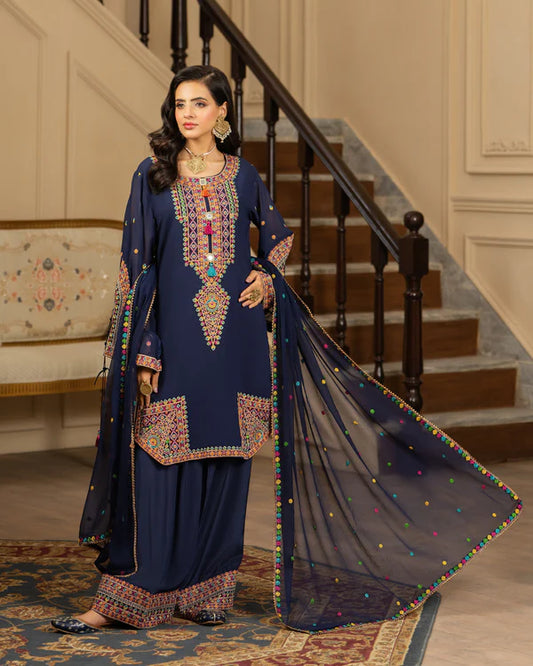 Navy Blue Georgette Chiffon Farshi Shalwar Suit with Dori Work
