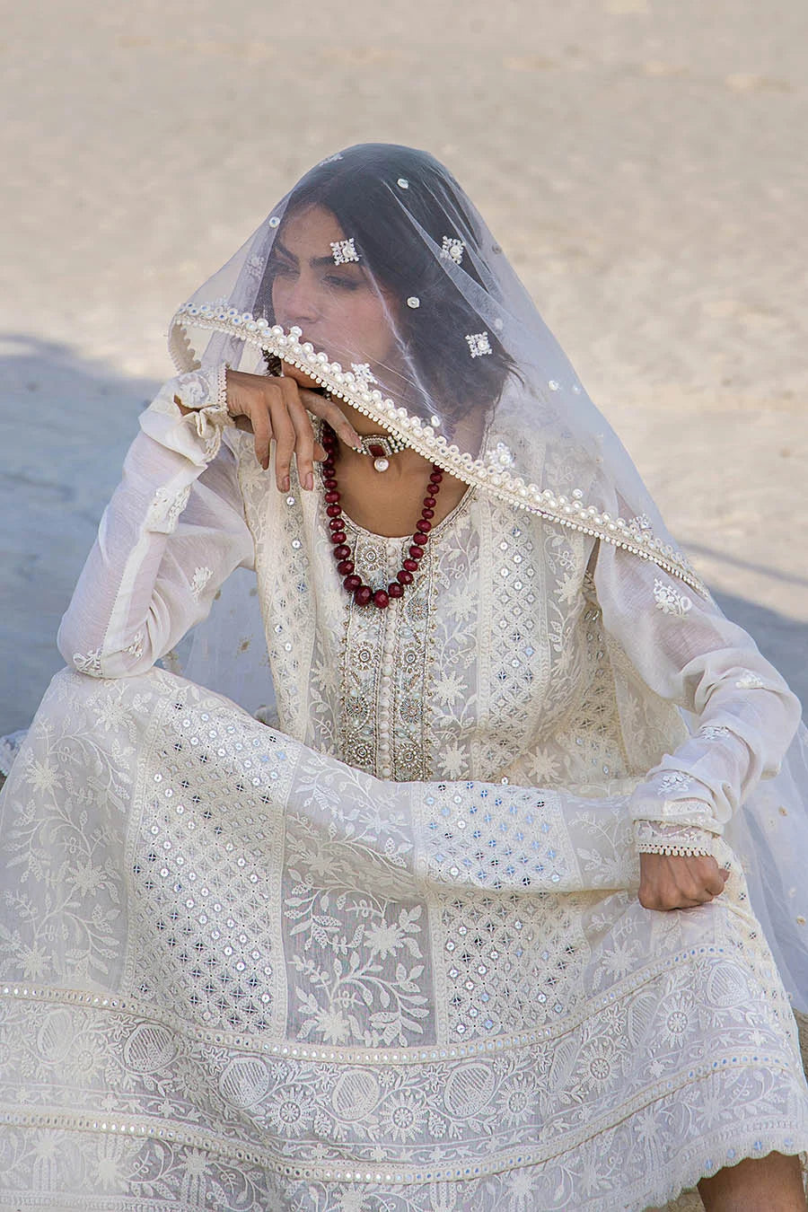 Hand Embroidered Swiss Lawn Off White Maxi