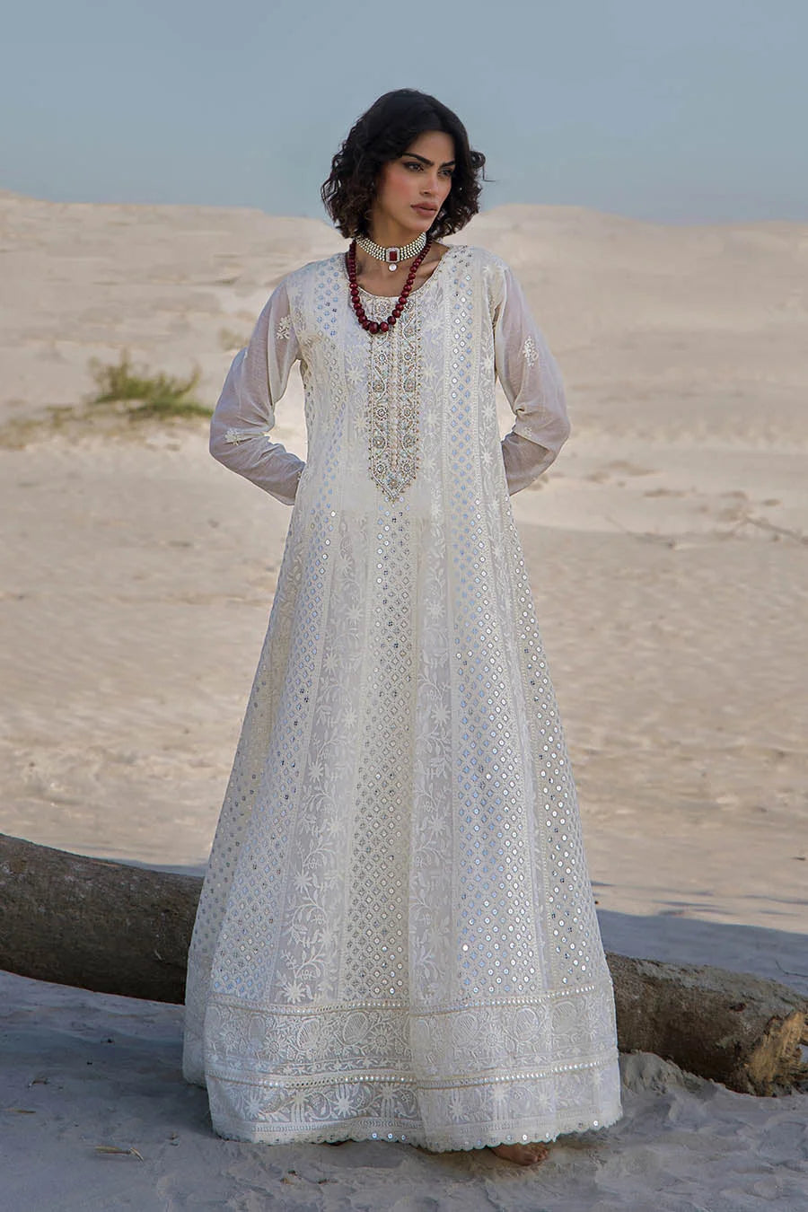 Hand Embroidered Swiss Lawn Off White Maxi