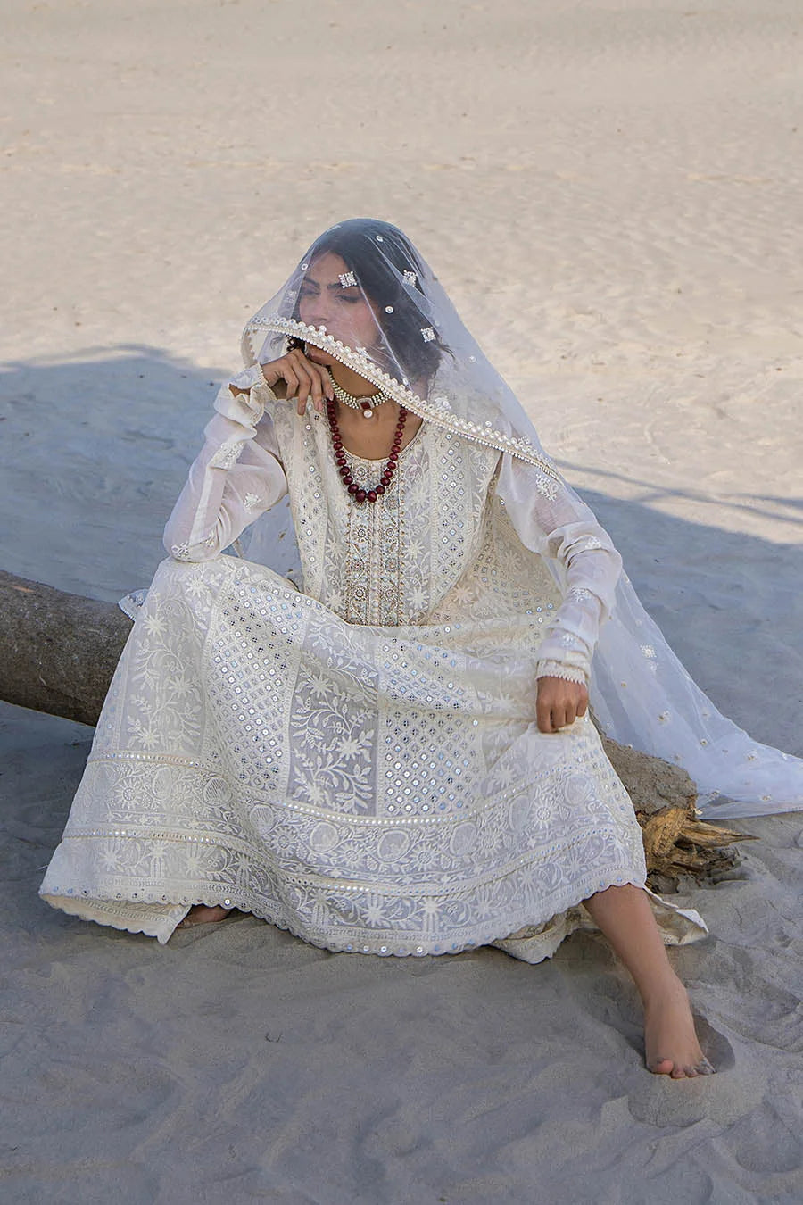 Hand Embroidered Swiss Lawn Off White Maxi