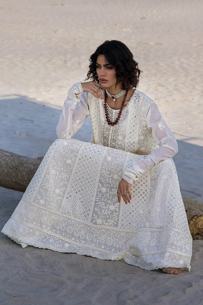 Hand Embroidered Swiss Lawn Off White Maxi