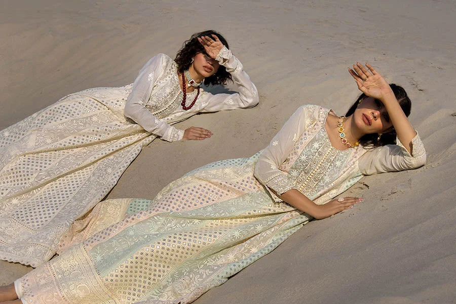 Hand Embroidered Swiss Lawn Off White Maxi