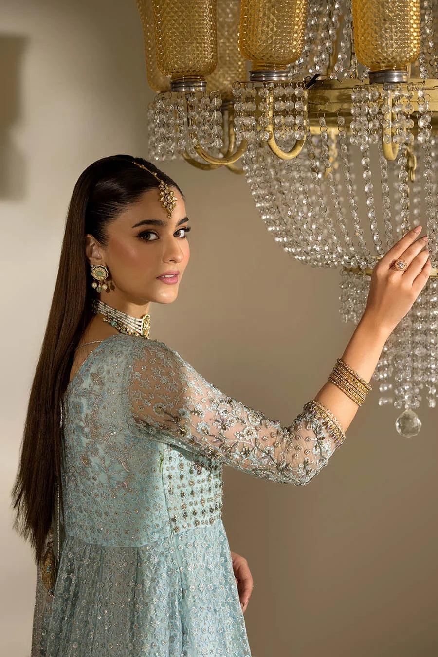 Hand Embroidered Sky Blue Anarkali Peshwas