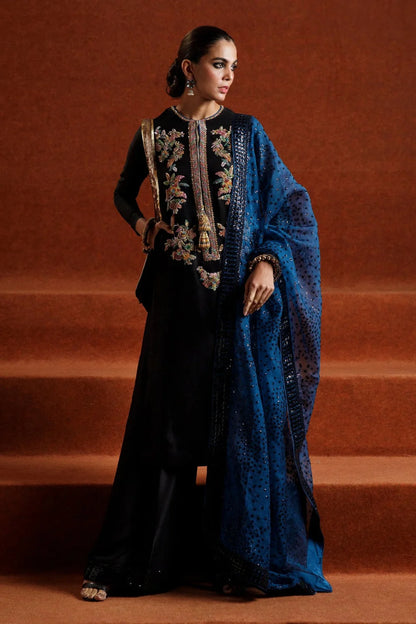 Black Handmade Raw Silk Suit with Heavy Sequins Embroidered Dupatta