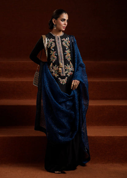 Black Handmade Raw Silk Suit with Heavy Sequins Embroidered Dupatta