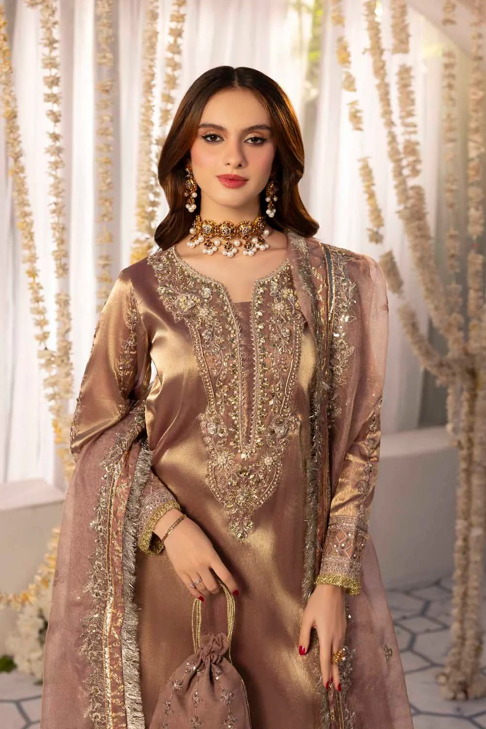 Rose Gold Gold Pure Maysuri Hand Embellished Flared Gharara