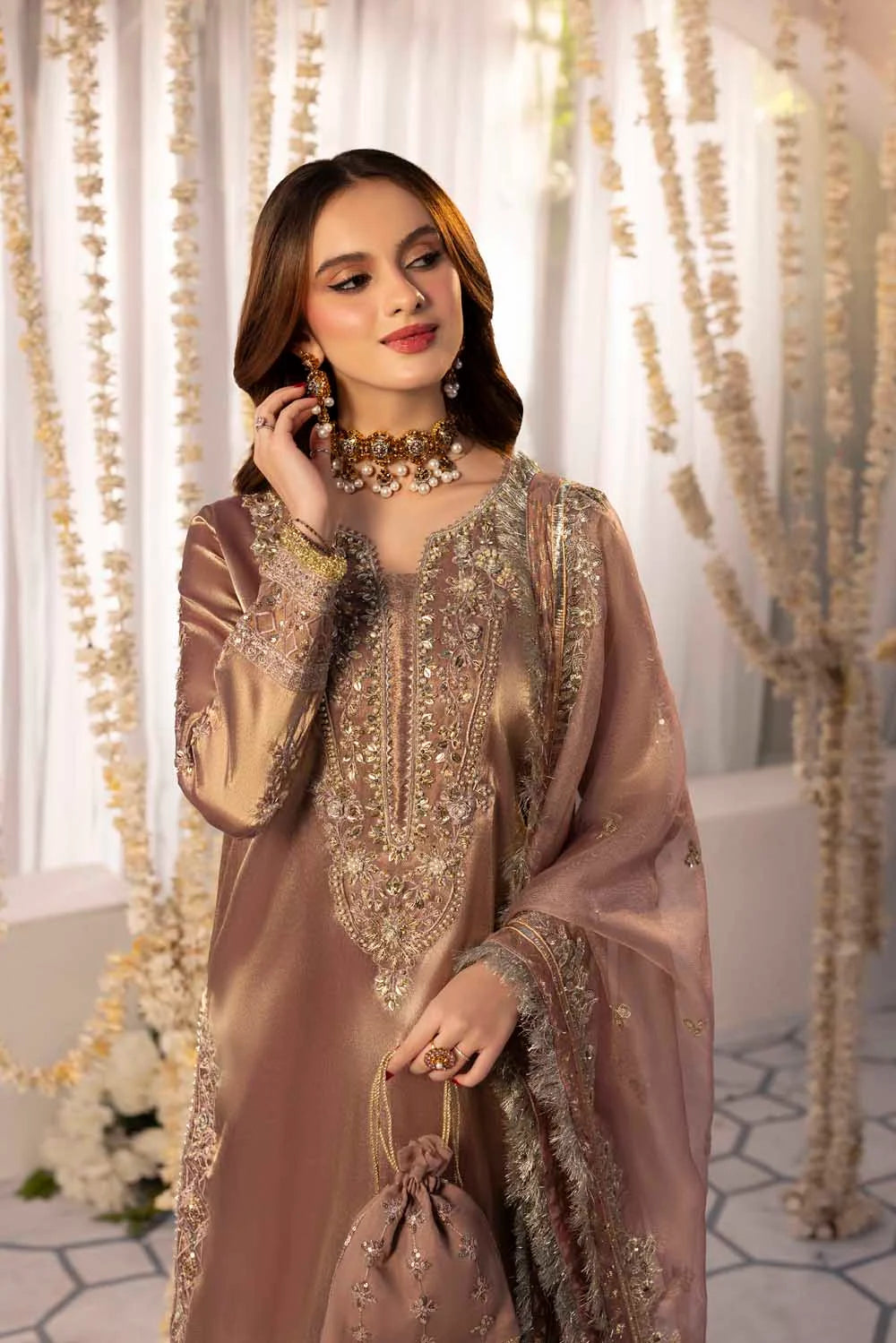 Rose Gold Gold Pure Maysuri Hand Embellished Flared Gharara
