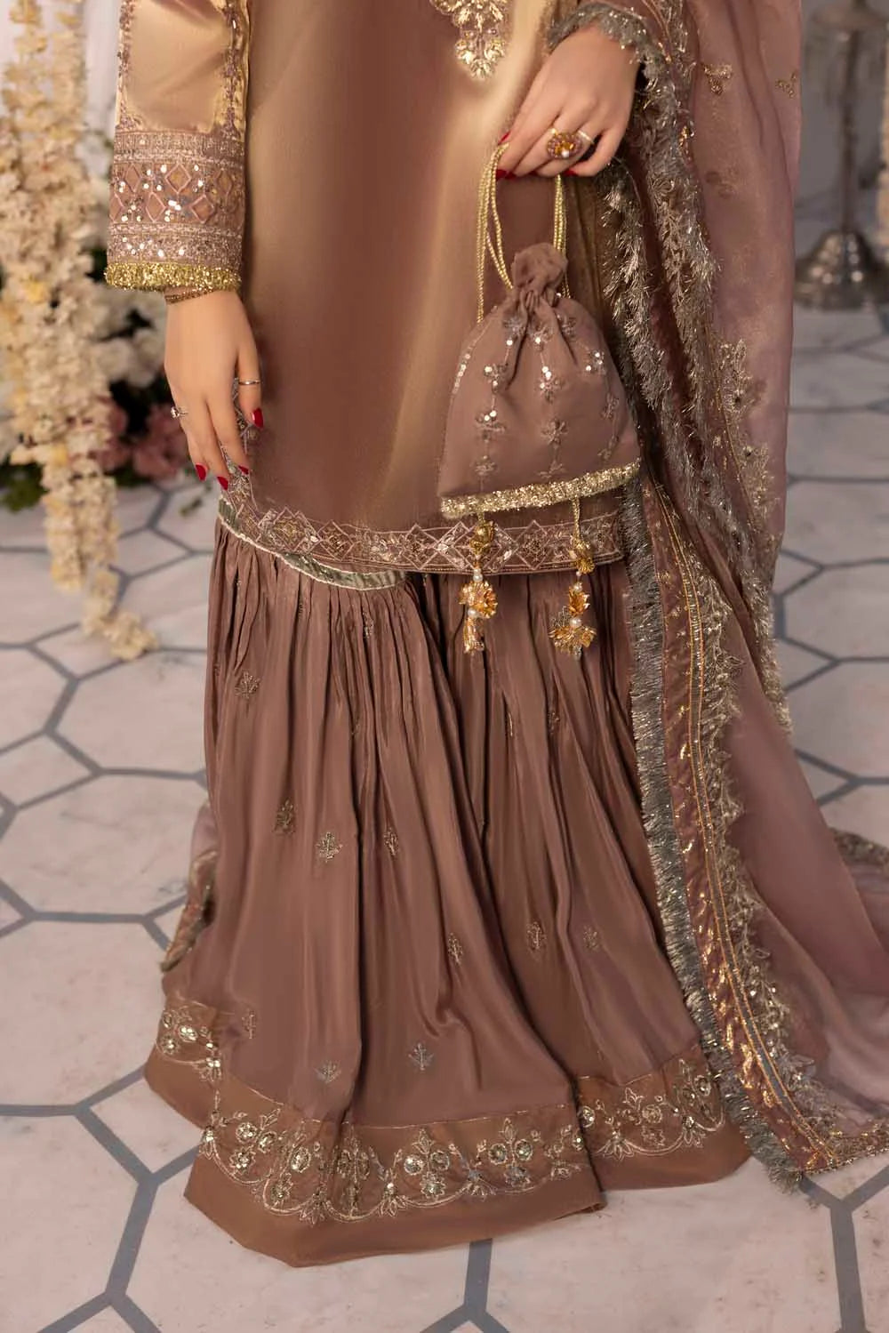 Rose Gold Gold Pure Maysuri Hand Embellished Flared Gharara